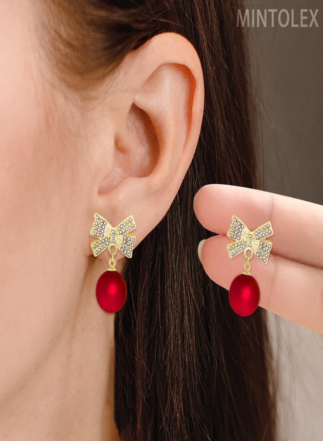mintolex Bow Pearl Earrings for Women Red Green Elegant Ribbon Earrings Dainty Pearl Bow Jewelry Gifts for Christmas Wedding Party Daily Outfits, gold b red p - Image 5